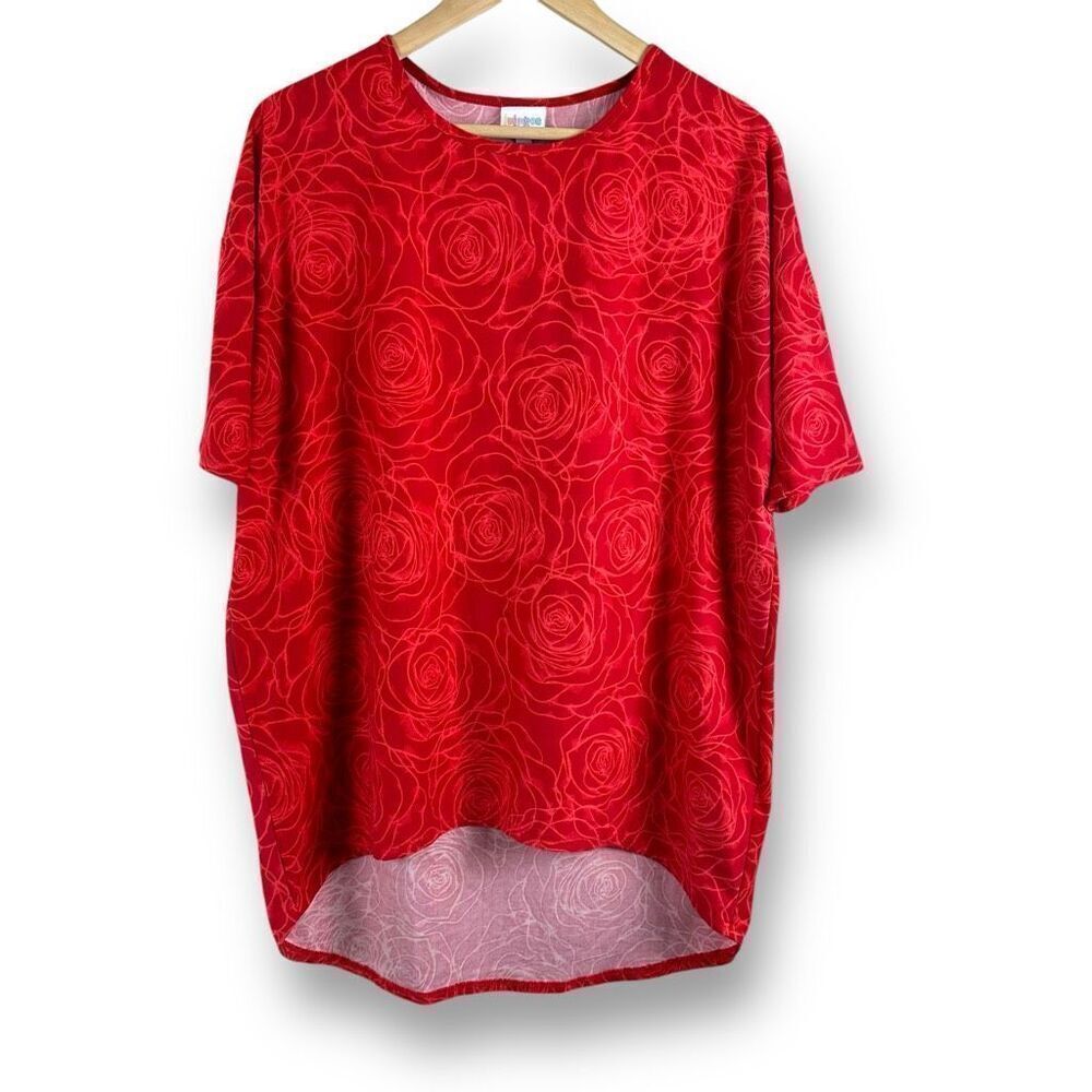 LuLaRoe Women's XS High Low Casual Tee Red Rose Rosette Print Baggy Oversized